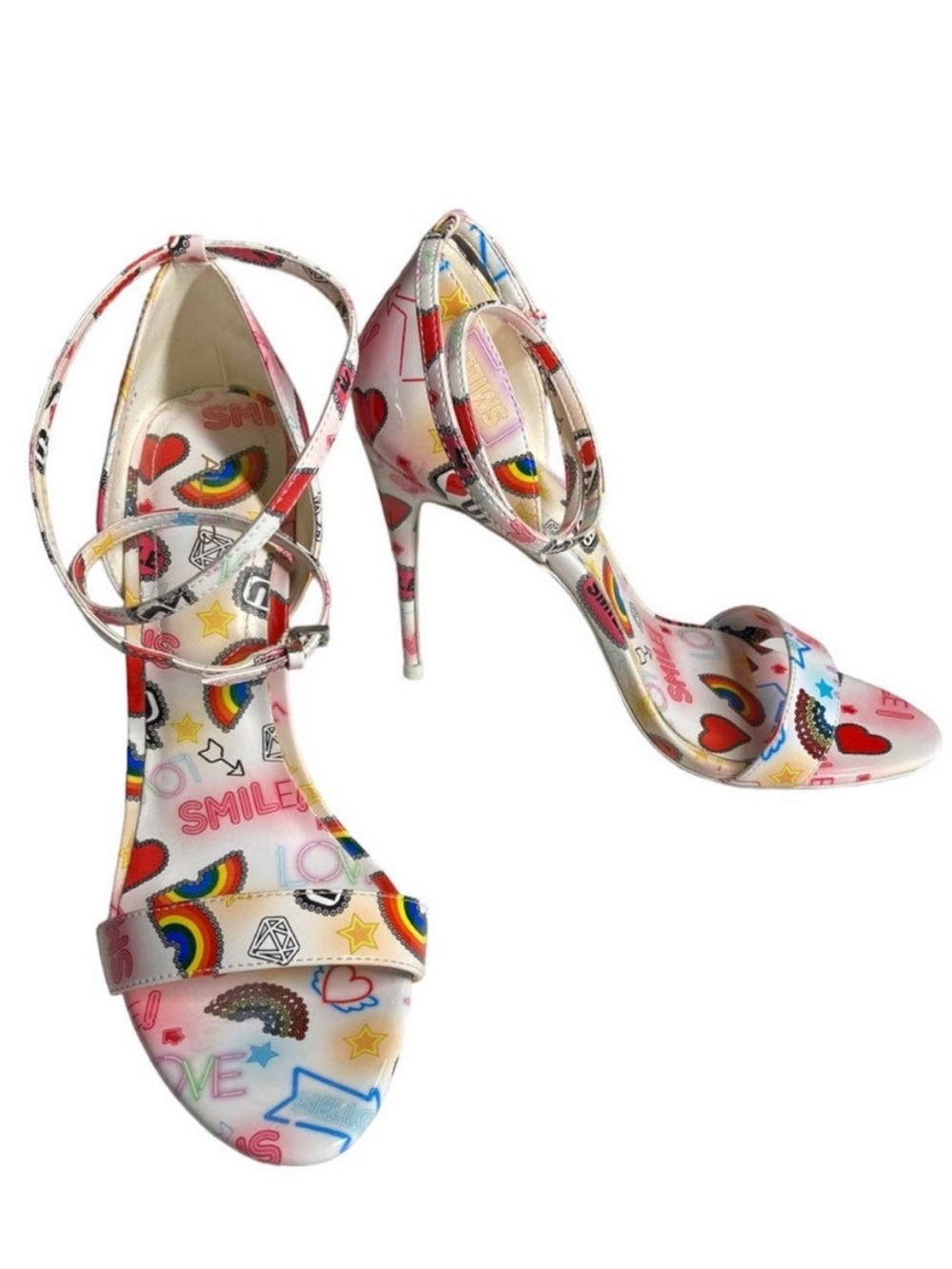 Aldo Sandyy Straps Heels size 7 Graffiti Emoji’s Rainbow New